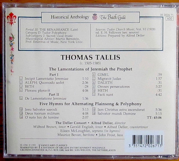 Thomas Tallis, Deller Consort : Lamentations of Jeremiah the Prophet / Five Hymns (CD-ROM, Album, Mono)
