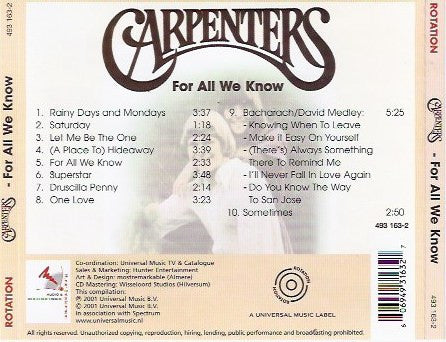 Carpenters : For All We Know (CD, Album, RE)