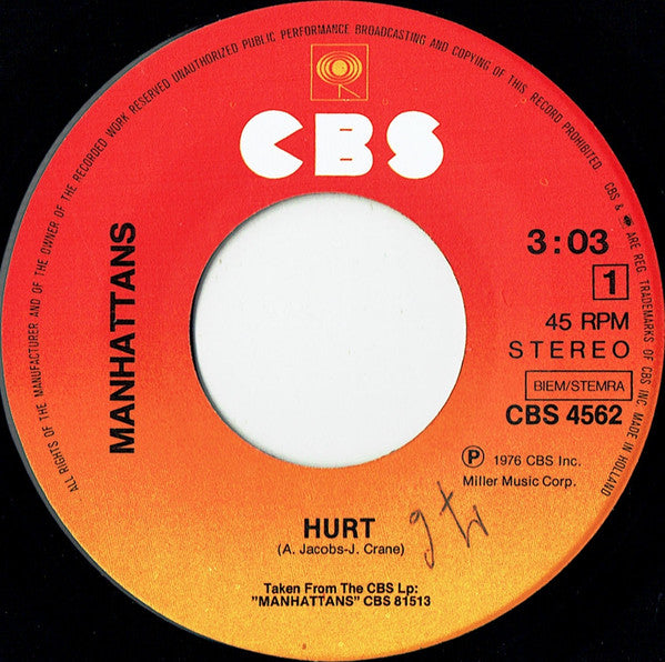 Manhattans : Hurt (7", Single)