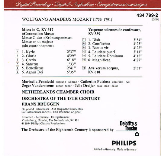 Wolfgang Amadeus Mozart, Nederlands Kamerkoor, Orchestra Of The 18th Century, Frans Brüggen : Coronation Mass • Vesperae Solennes De Confessore • Ave Verum Corpus (CD, Album)