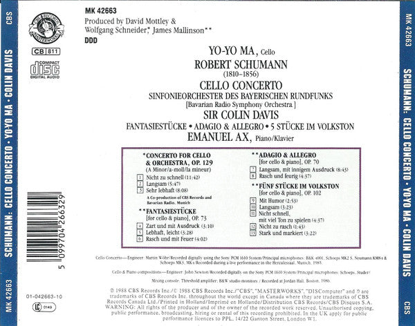 Robert Schumann - Yo-Yo Ma, Sir Colin Davis, Symphonie-Orchester Des Bayerischen Rundfunks : Cello Concerto, Adagio & Allegro, 5 Stücke Im Volkston, Fantasiestücke Op. 73 (CD)