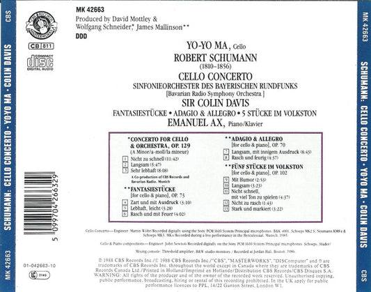 Robert Schumann - Yo-Yo Ma, Sir Colin Davis, Symphonie-Orchester Des Bayerischen Rundfunks : Cello Concerto, Adagio & Allegro, 5 Stücke Im Volkston, Fantasiestücke Op. 73 (CD)