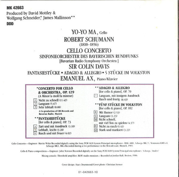 Robert Schumann - Yo-Yo Ma, Sir Colin Davis, Symphonie-Orchester Des Bayerischen Rundfunks : Cello Concerto, Adagio & Allegro, 5 Stücke Im Volkston, Fantasiestücke Op. 73 (CD)