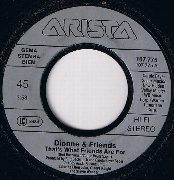 Dionne & Friends Featuring Elton John, Gladys Knight And Stevie Wonder : That's What Friends Are For (7", Single)