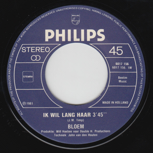 Bloem : Ik Wil Lang Haar (7", Single)