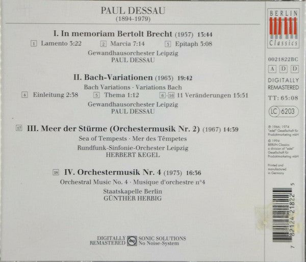 Paul Dessau - Gewandhausorchester Leipzig, Paul Dessau, Rundfunk-Sinfonie-Orchester Leipzig, Herbert Kegel, Staatskapelle Berlin, Günther Herbig : Orchesterwerke (CD, Album, Comp, RM)