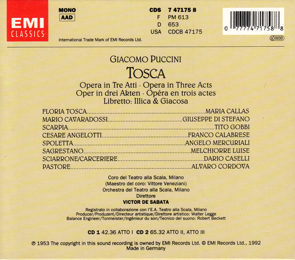 Giacomo Puccini / Maria Callas, Giuseppe di Stefano, Tito Gobbi, Orchestra Del Teatro Alla Scala E Coro Del Teatro Alla Scala, Victor De Sabata : Tosca (2xCD, Album, Mono, RP + Box, Sli)