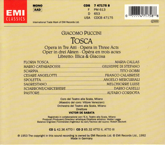 Giacomo Puccini / Maria Callas, Giuseppe di Stefano, Tito Gobbi, Orchestra Del Teatro Alla Scala E Coro Del Teatro Alla Scala, Victor De Sabata : Tosca (2xCD, Album, Mono, RP + Box, Sli)