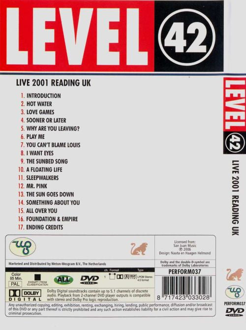 Level 42 : Live 2001 Reading UK  (DVD-V, PAL)