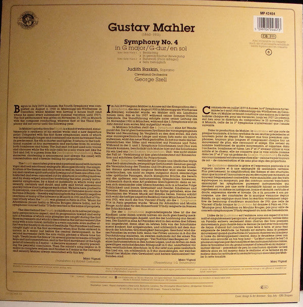 Gustav Mahler / George Szell, Judith Raskin, The Cleveland Orchestra : Symphony No. 4 In G (LP, RE)