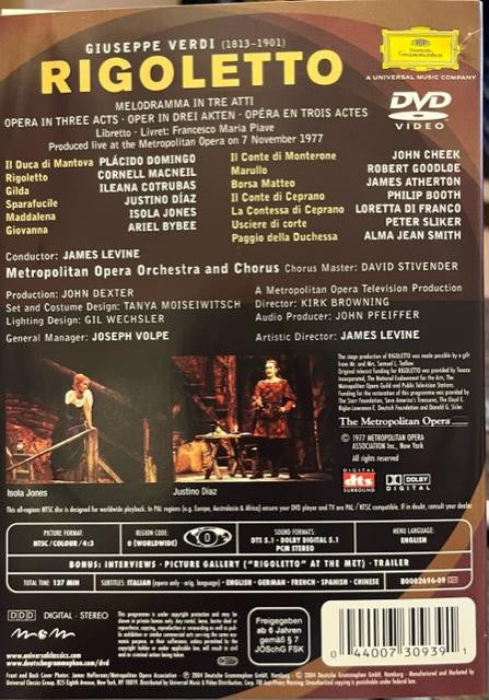Giuseppe Verdi : Cornell MacNeil - Ileana Cotrubas - Plácido Domingo* - Isola Jones - Justino Díaz* - The Metropolitan Opera Orchestra* and Chorus* - James Levine (2) : Rigoletto (DVD-V, Multichannel, NTSC)