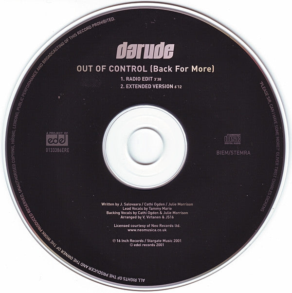 Darude : Out Of Control (CD, Single)