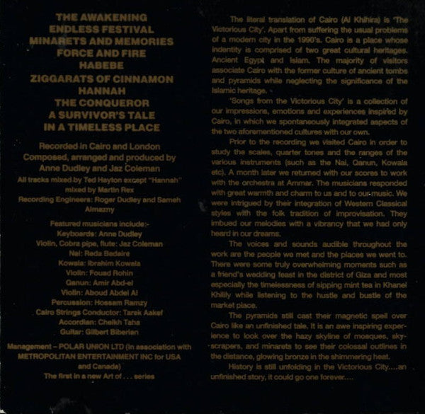 Anne Dudley And Jaz Coleman : Songs From The Victorious City (CD, Album)