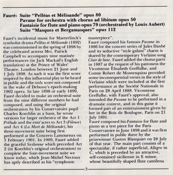 Gabriel Fauré  /  The Academy Of St. Martin-in-the-Fields, Sir Neville Marriner : Pavane • Pelléas Et Mélisande • Masques Et Bergamasques Suite • Fantaisie For Flute (CD, Album)